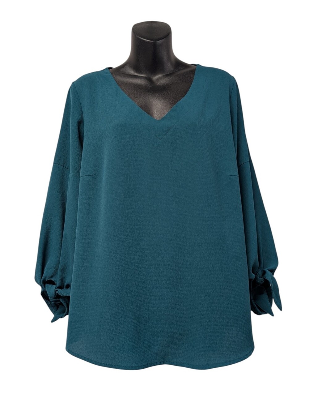 She + Sky Teal V-Neck Tie Sleeve Blouse Women's Large Flowy Long Sleeve Top